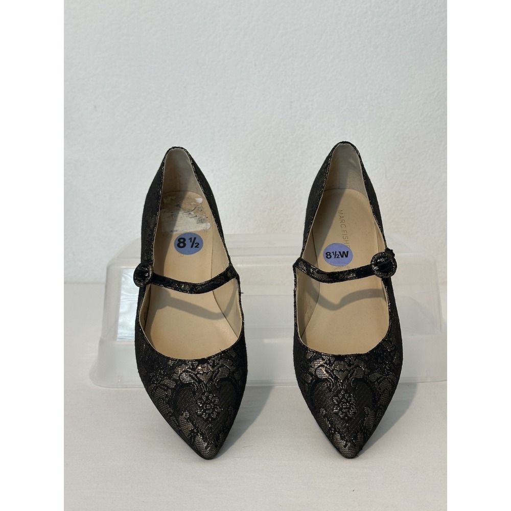 Marc Fisher Womens‎ 8.5Stormy Flats Mary Jane Jacquard Black Gold Pointed Toe - Picture 2 of 7